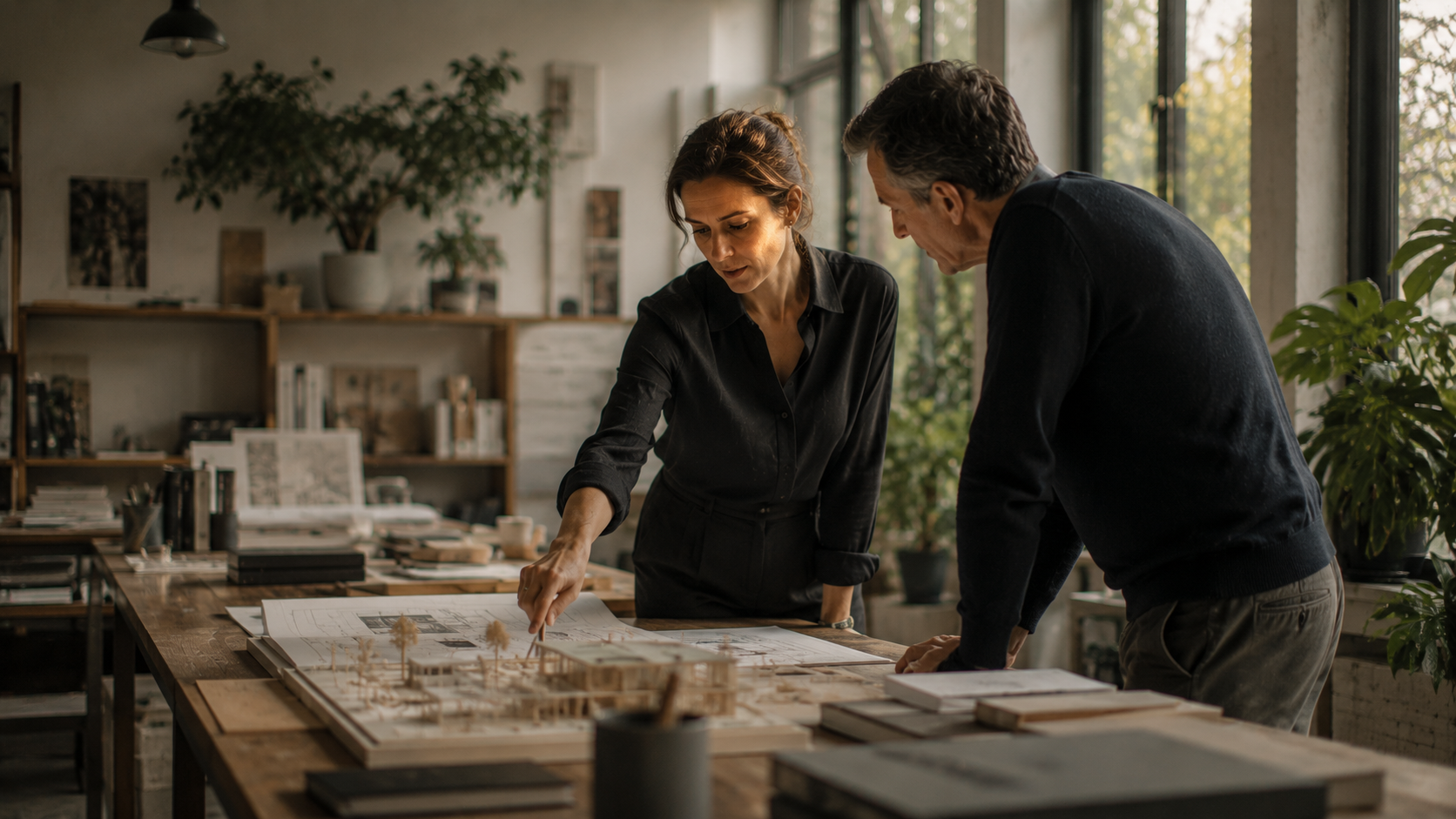 Architect presenting model to client in studio